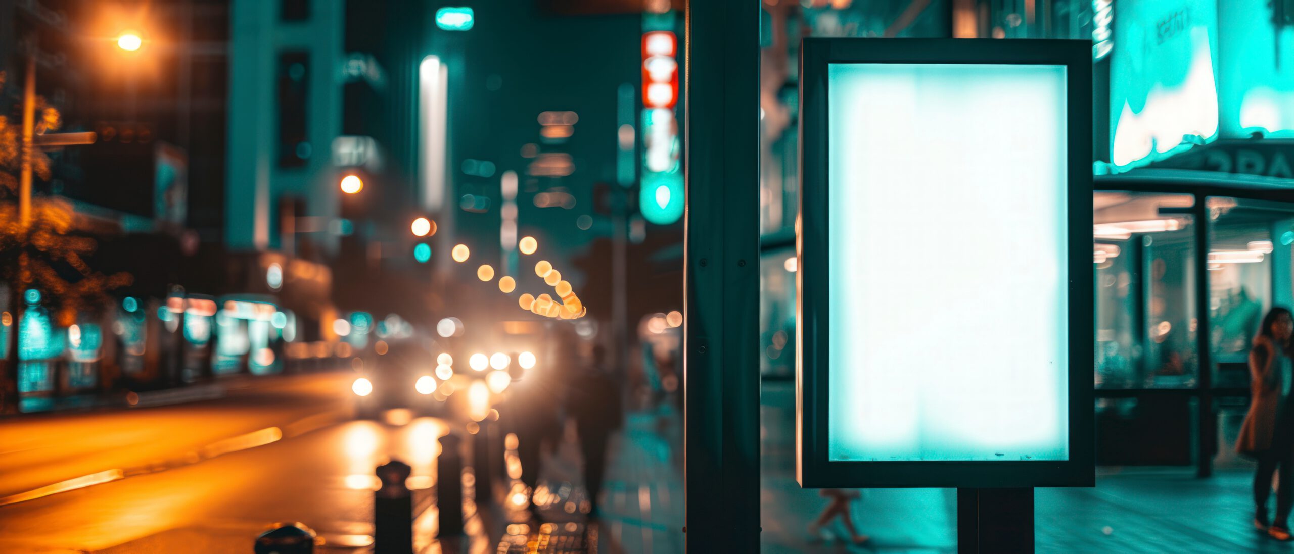 a blank white vertical digital billboard poster on a city street bus stop sign at night.