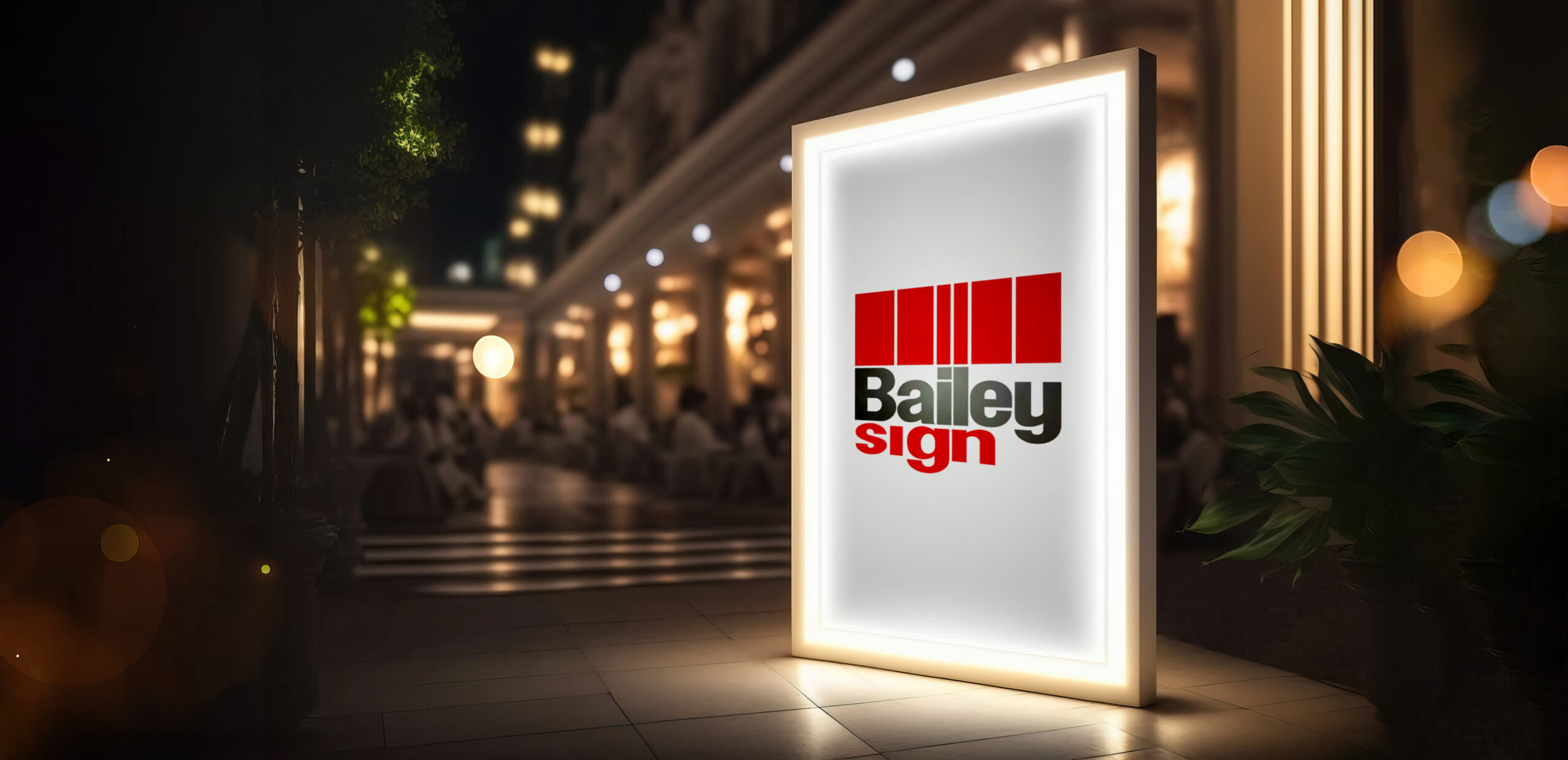 A lit-up sign with the Bailey Sign logo